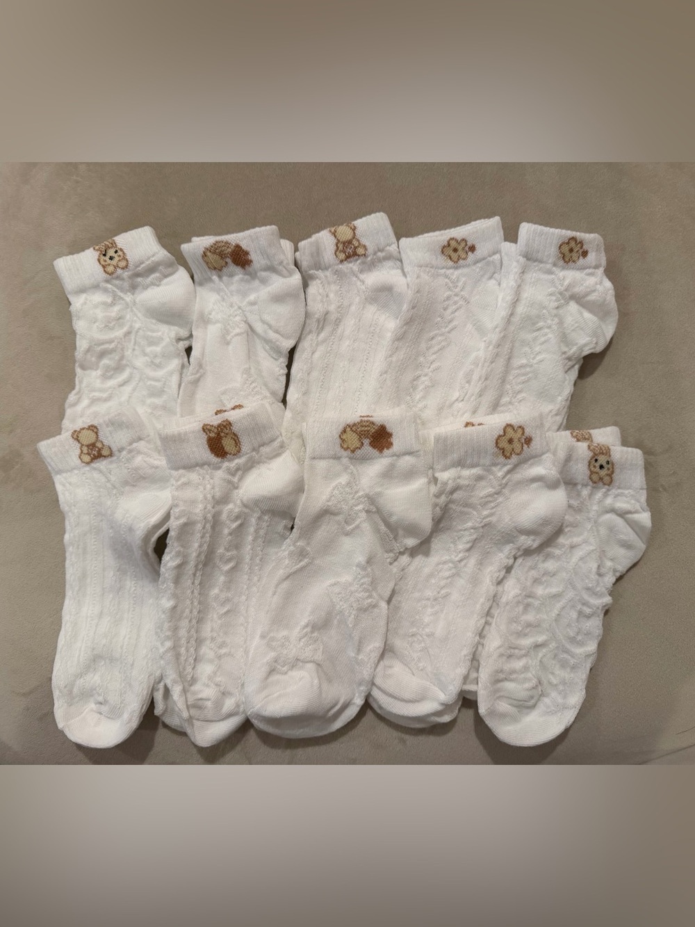 NEW White Cable-Knit Crew Socks with Brown Accent - Pack of 10 Pairs